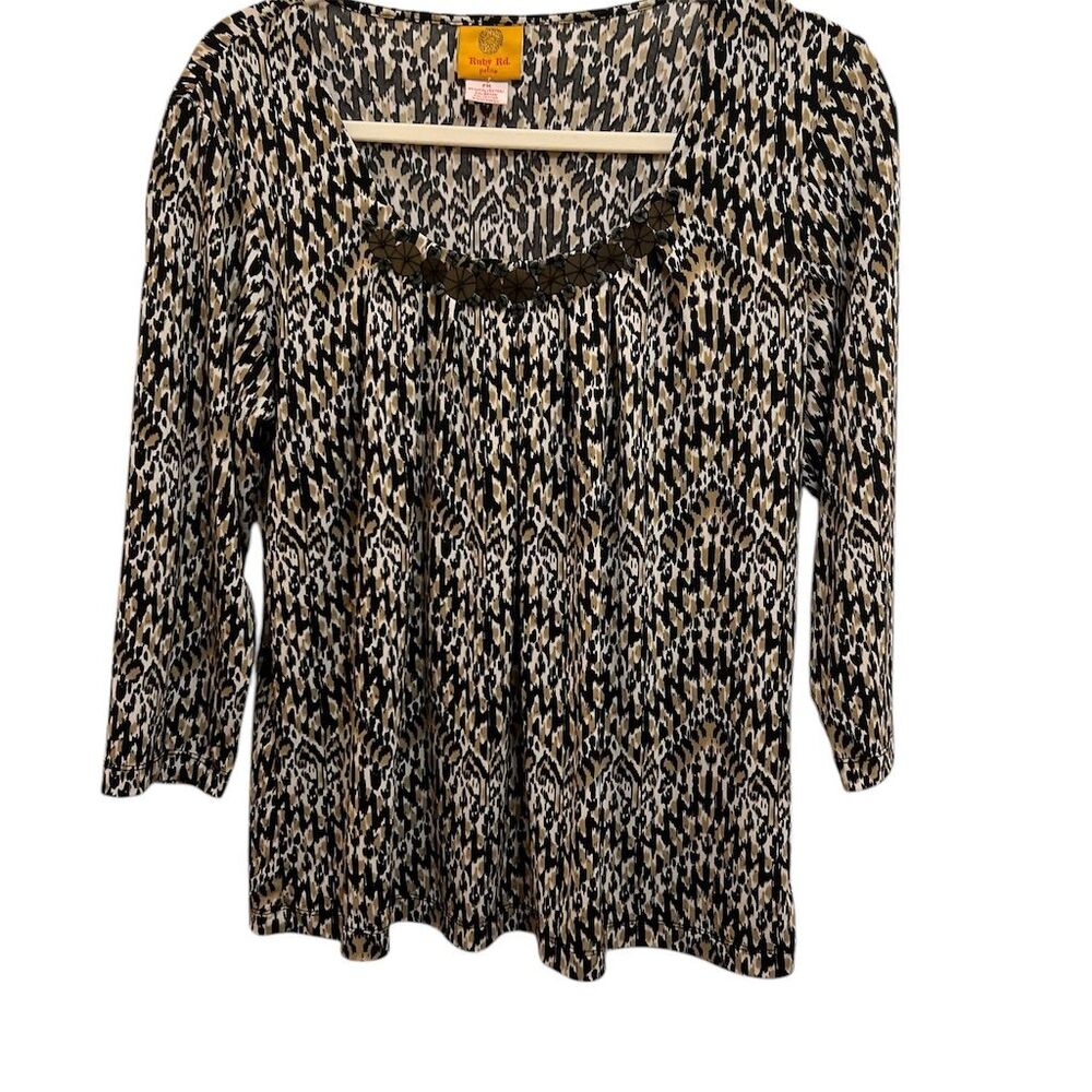 Ruby Rd. Women's Petite Leopard Print Long Sleeve Blouse PM